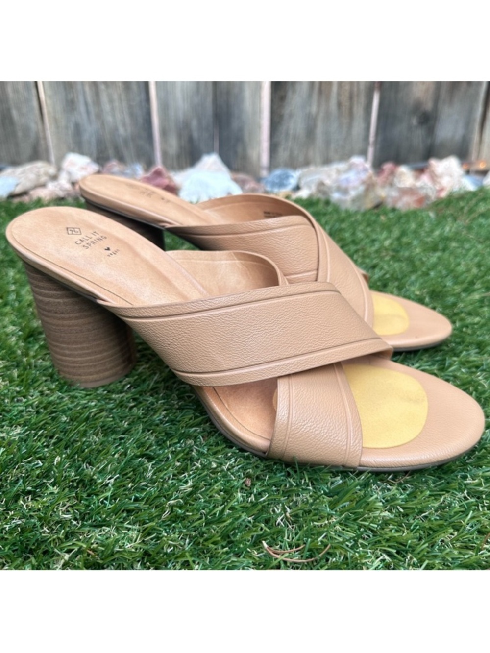 Call It Spring Tan Crossover Slide Block Heel Mules